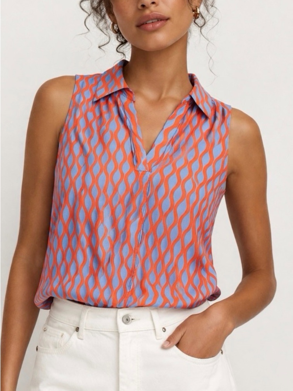 LOFT Red-Print Sleeveless Collared V-Neck Tank with Light Blue Base